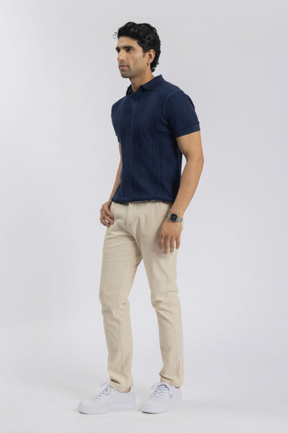 Cobalt Blue Cable Knit Polo T-shirt for Men | 100% Knit Cotton