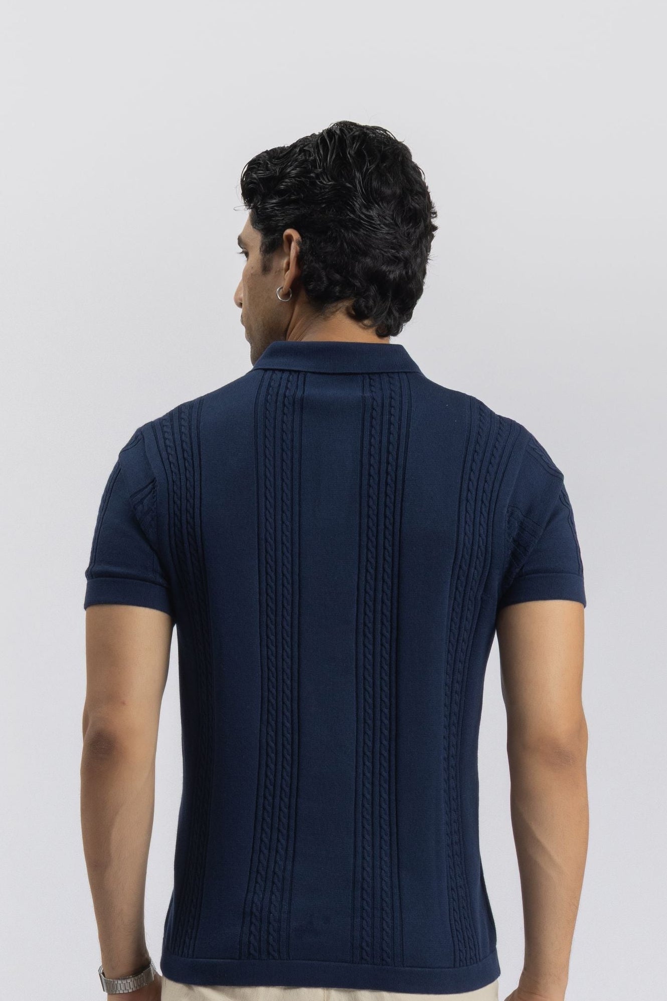Cobalt Blue Cable Knit Polo T-shirt for Men | 100% Knit Cotton