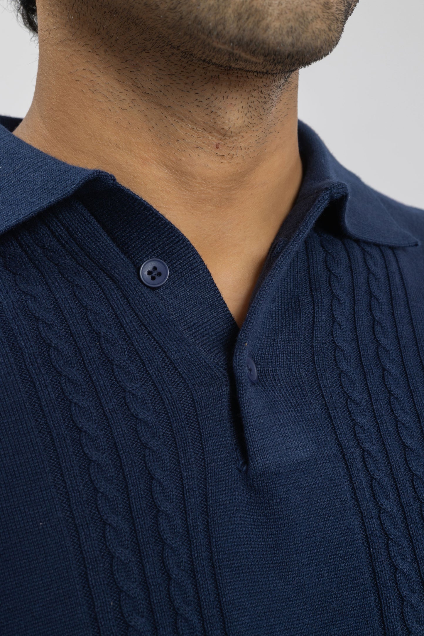 Cobalt Blue Cable Knit Polo T-shirt for Men | 100% Knit Cotton