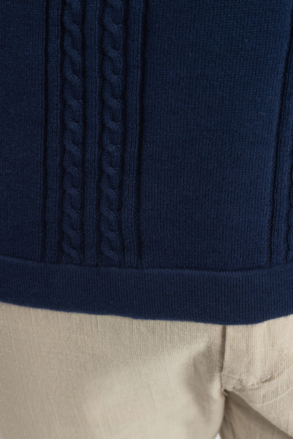 Cobalt Blue Cable Knit Polo T-shirt for Men | 100% Knit Cotton