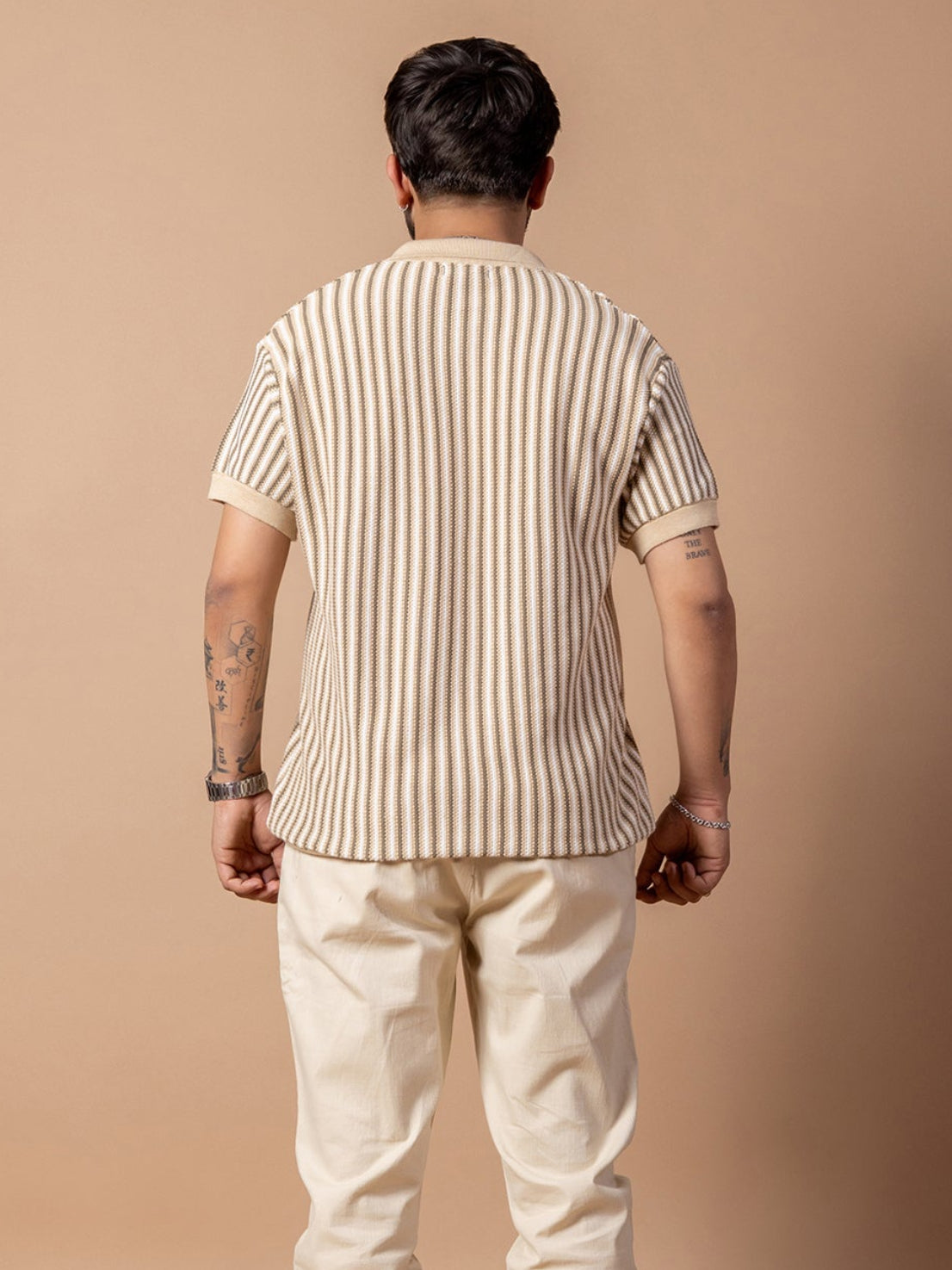 Sandstone Stripe Knit Polo T-shirt for Men | 100% Cotton Regular Fit
