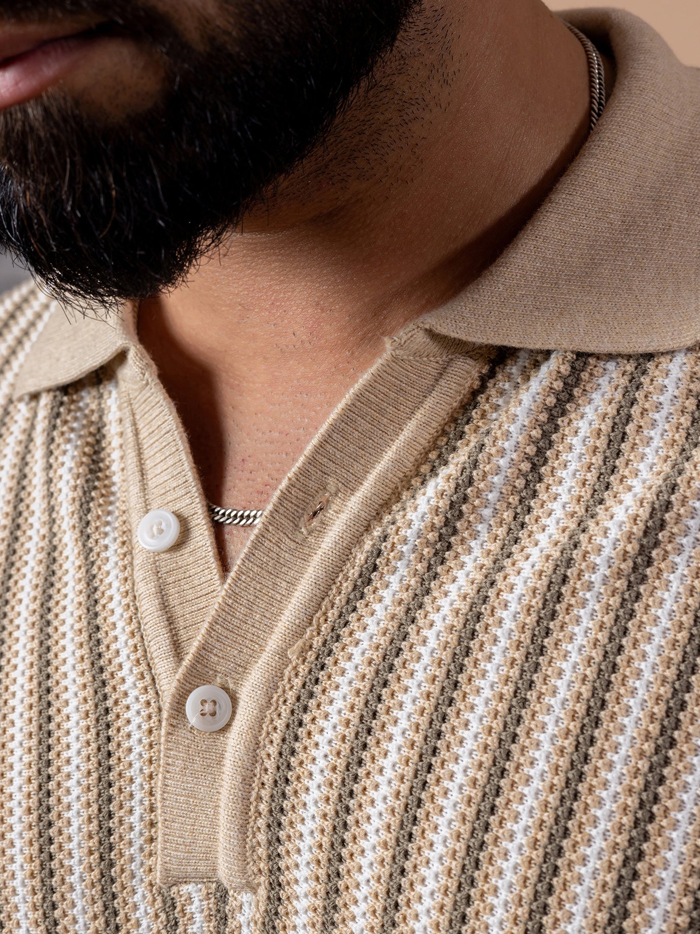 Sandstone Stripe Knit Polo T-shirt for Men | 100% Cotton Regular Fit