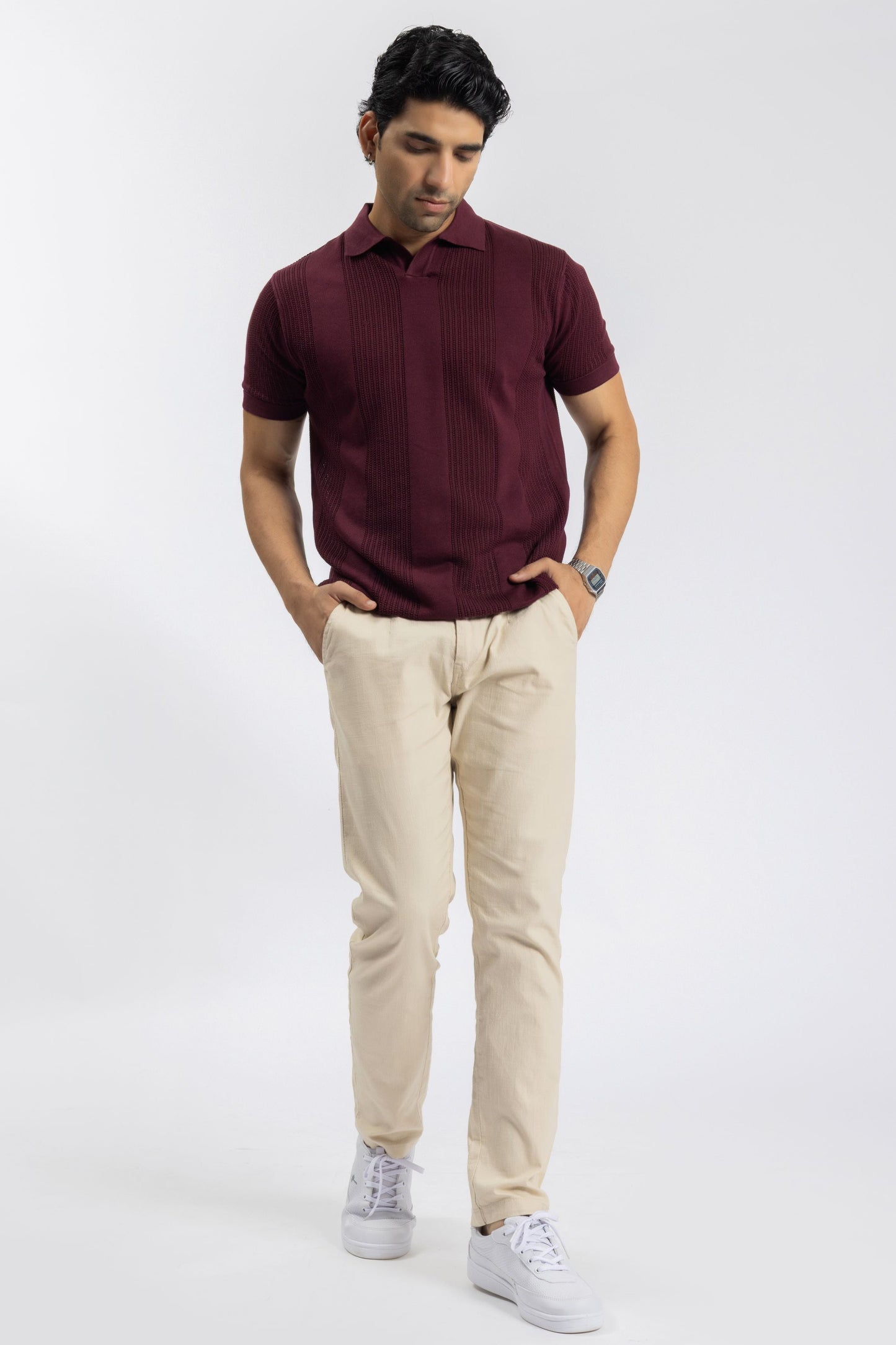 Burgundy Knitted Open-Collar Polo | Textured Cotton Knit