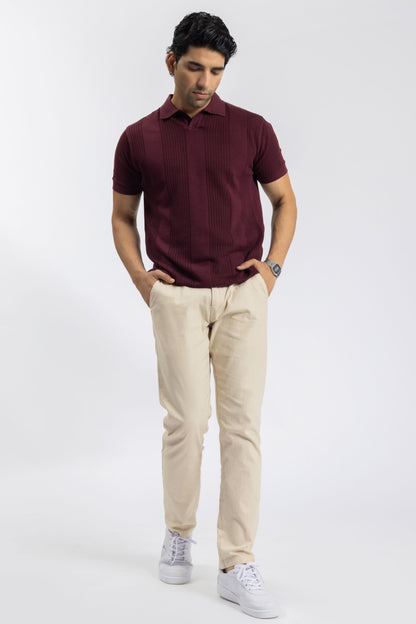 Burgundy Knitted Open-Collar Polo | Textured Cotton Knit