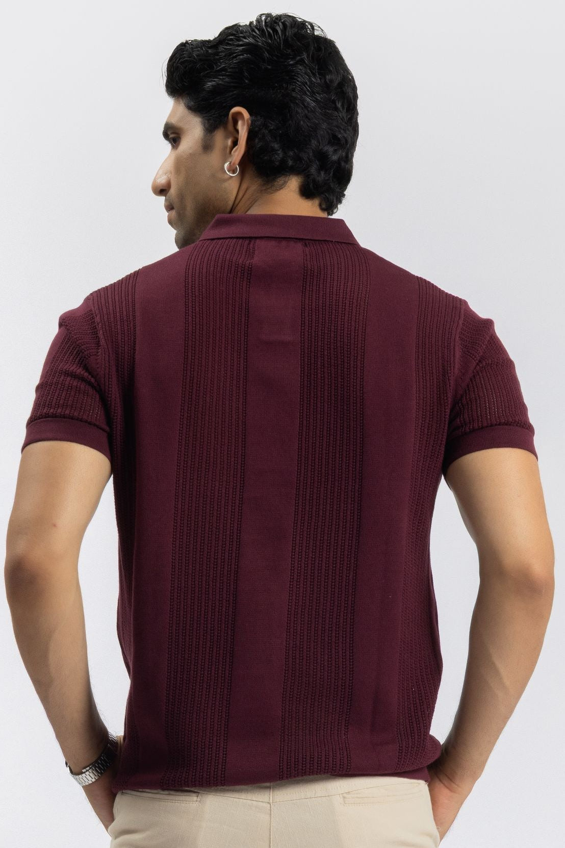Burgundy Knitted Open-Collar Polo | Textured Cotton Knit