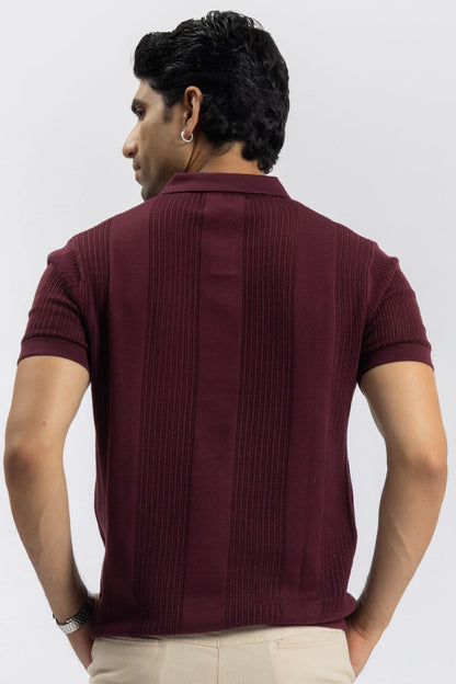 Burgundy Knitted Open-Collar Polo | Textured Cotton Knit