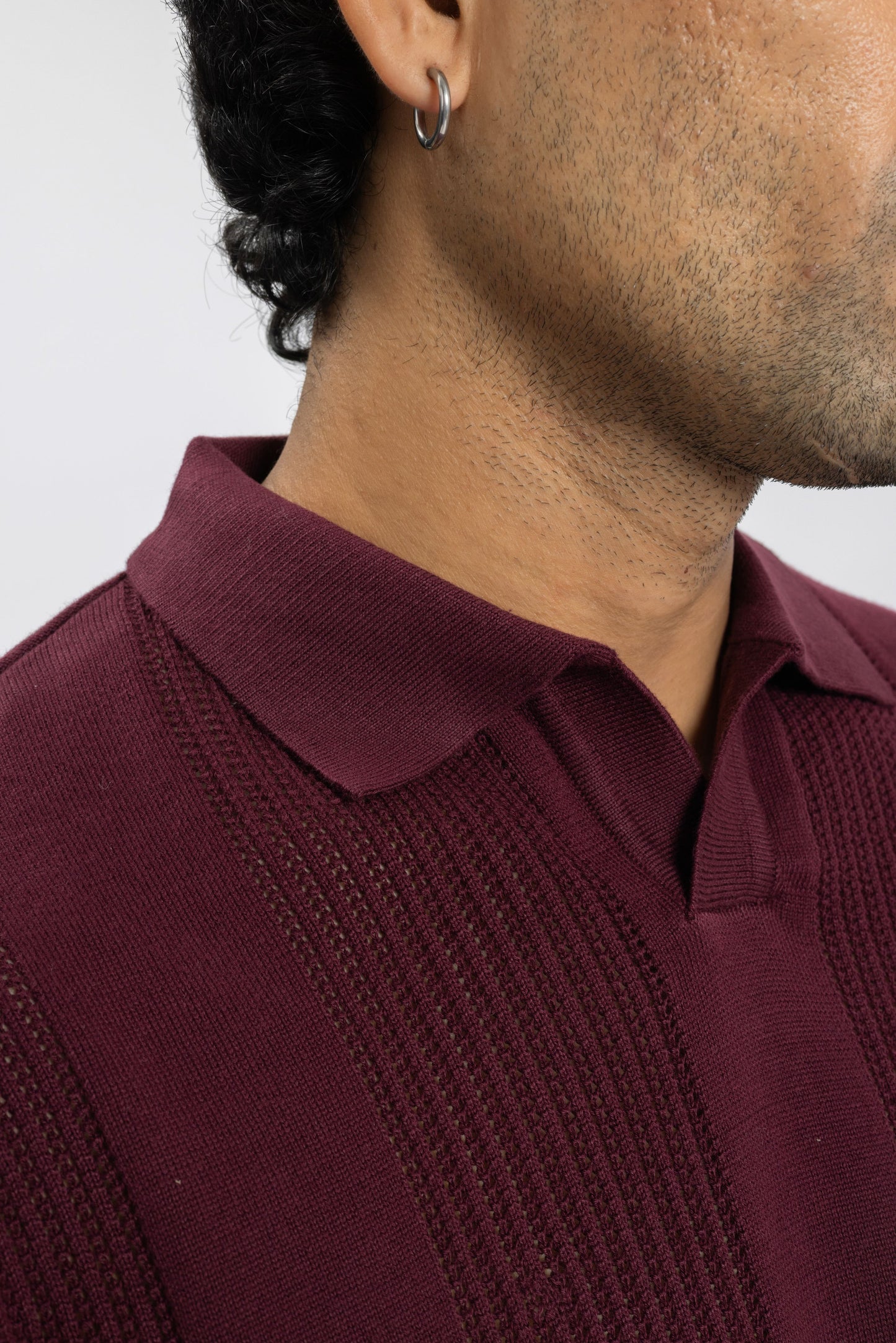 Burgundy Knitted Open-Collar Polo | Textured Cotton Knit