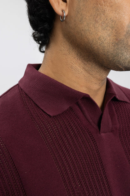 Burgundy Knitted Open-Collar Polo | Textured Cotton Knit
