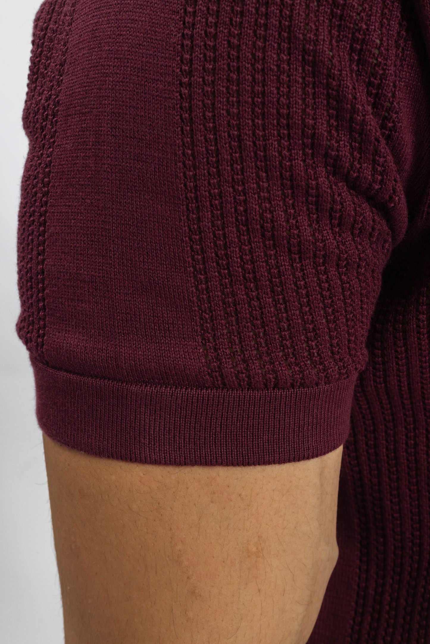 Burgundy Knitted Open-Collar Polo | Textured Cotton Knit