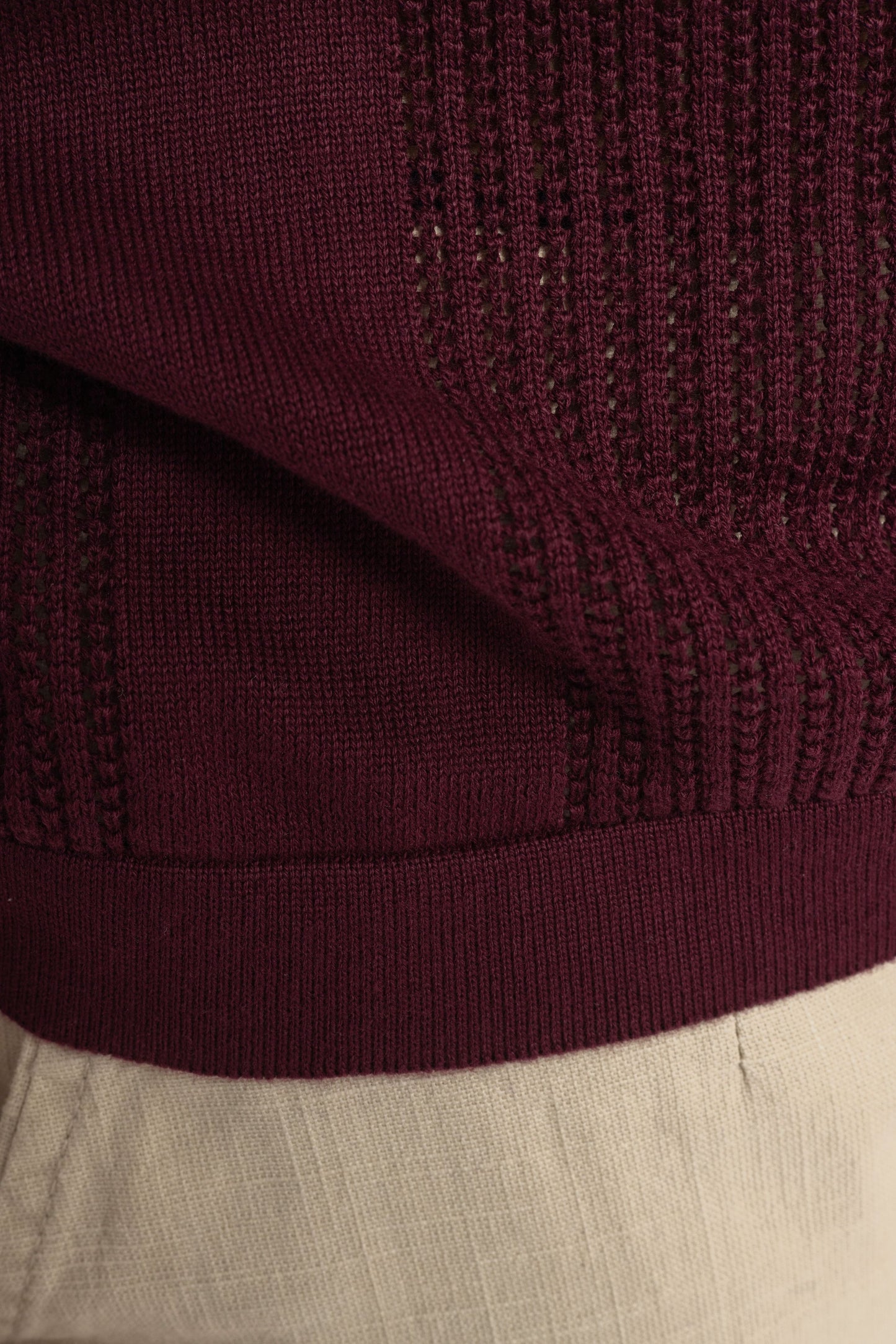 Burgundy Knitted Open-Collar Polo | Textured Cotton Knit