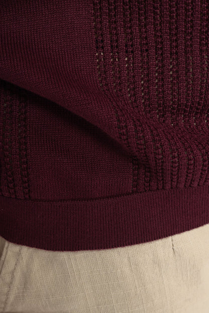 Burgundy Knitted Open-Collar Polo | Textured Cotton Knit