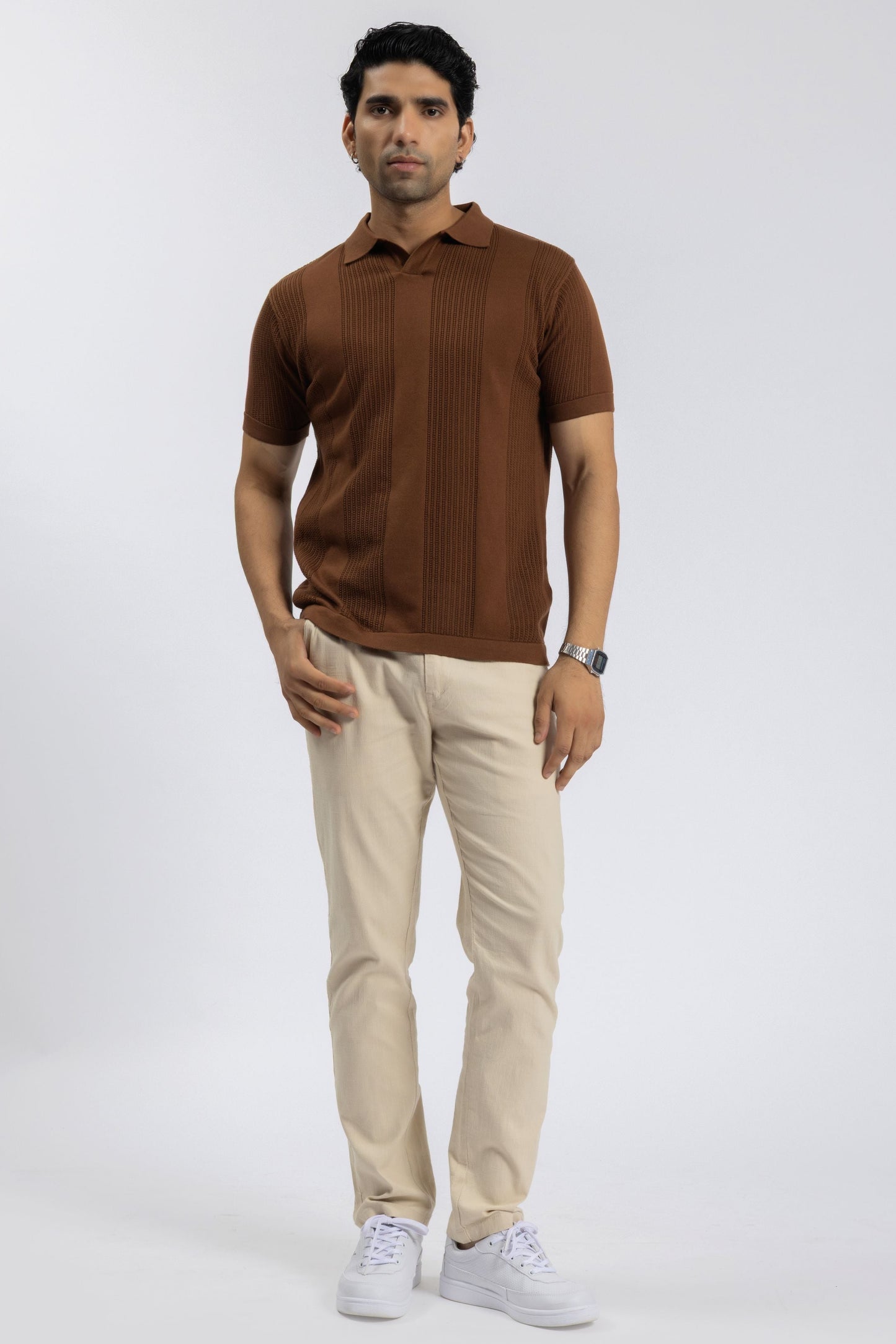 Brown Knitted Open-Collar Polo | Textured Cotton Knit