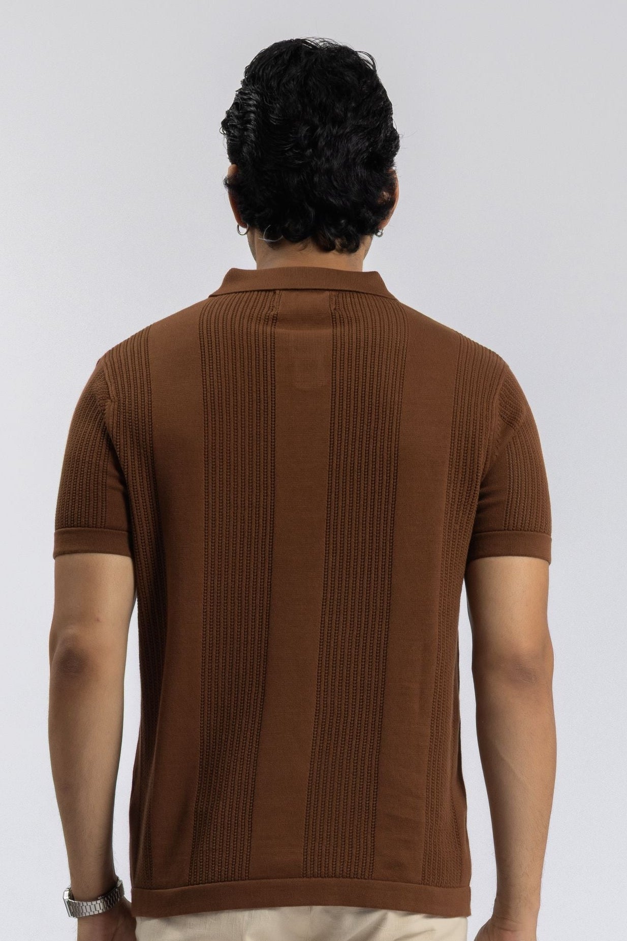 Brown Knitted Open-Collar Polo | Textured Cotton Knit