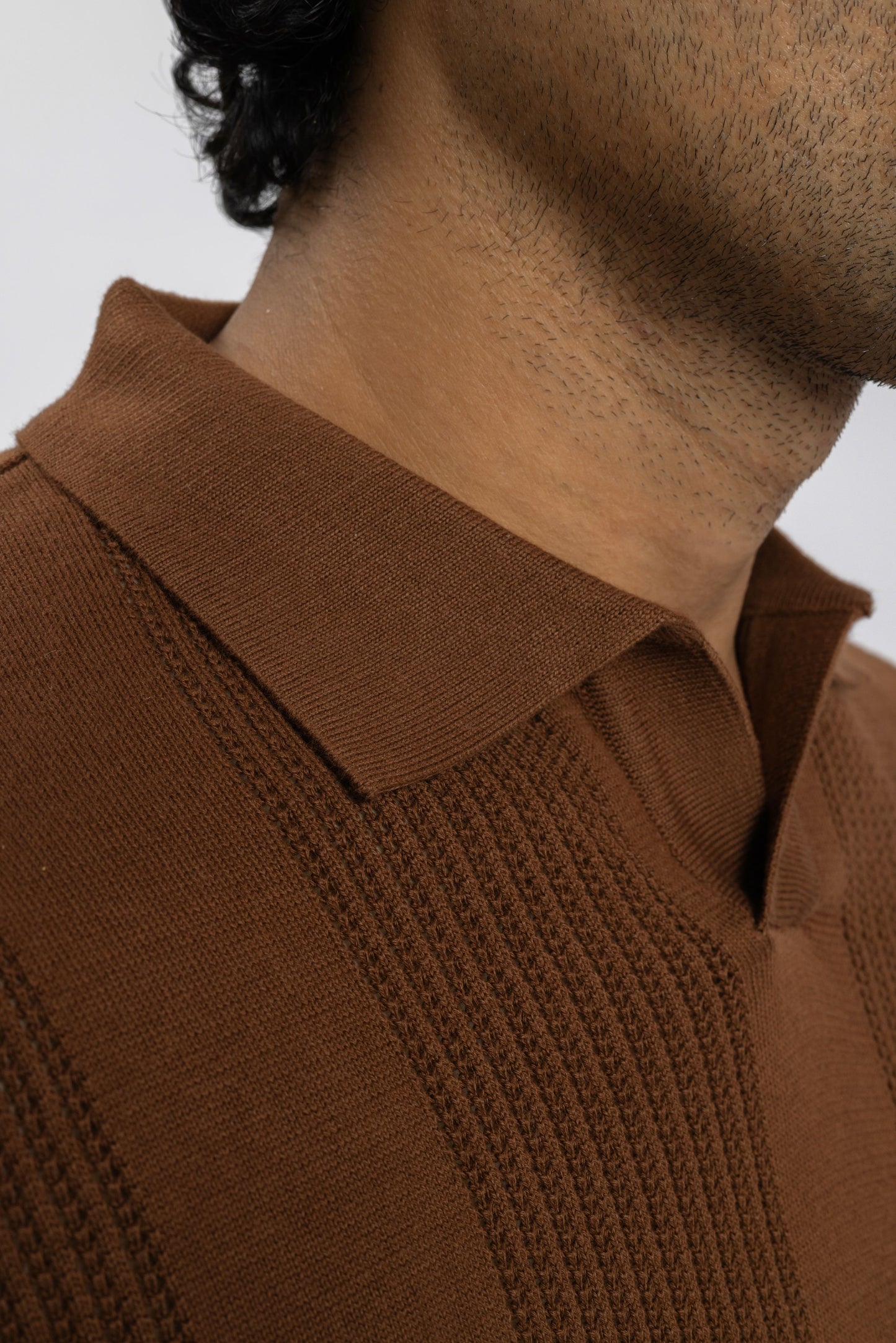 Brown Knitted Open-Collar Polo | Textured Cotton Knit