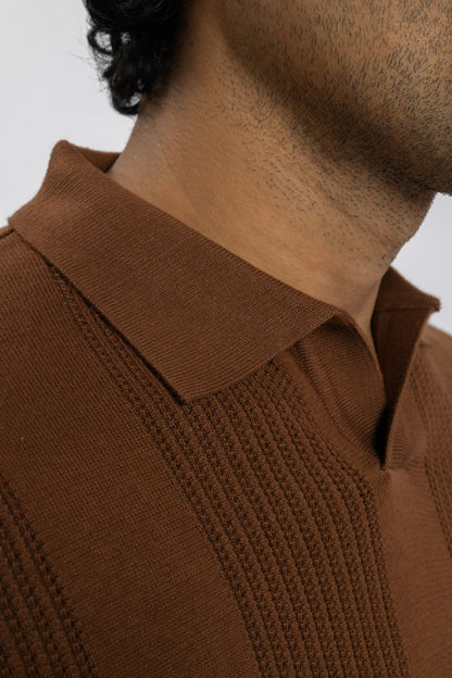 Brown Knitted Open-Collar Polo | Textured Cotton Knit