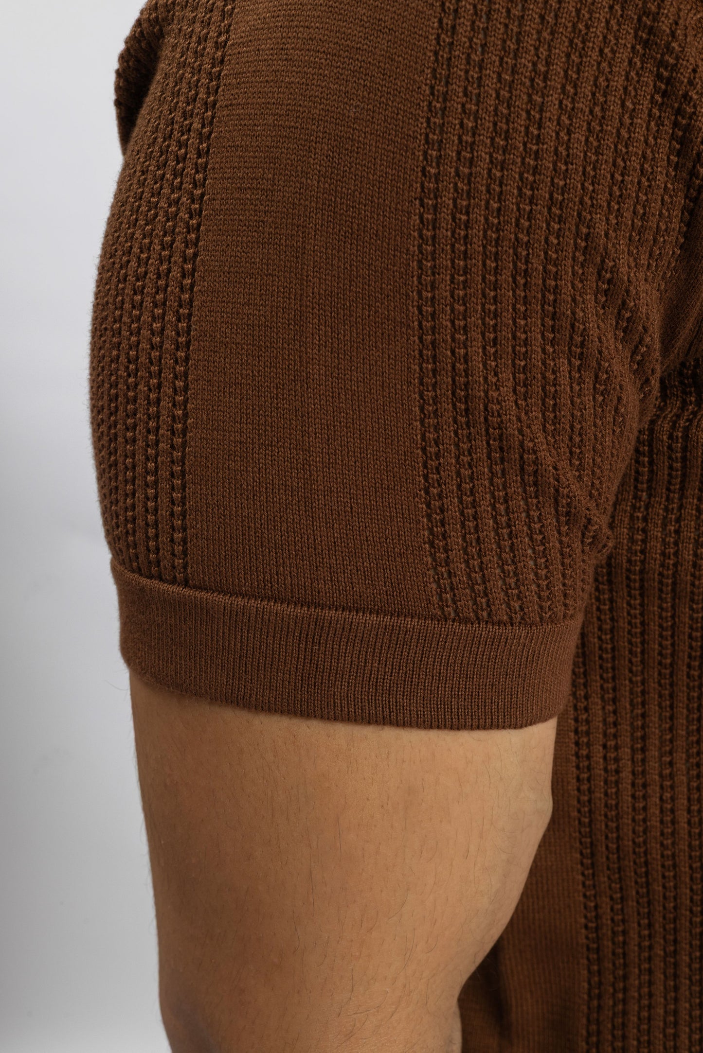 Brown Knitted Open-Collar Polo | Textured Cotton Knit