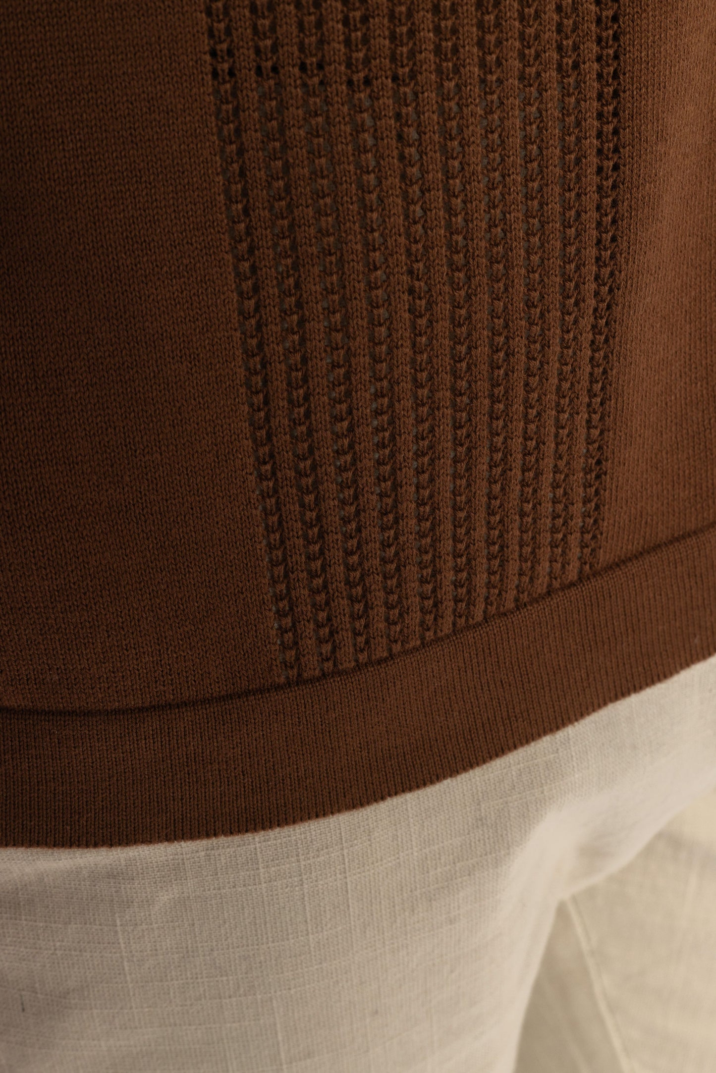 Brown Knitted Open-Collar Polo | Textured Cotton Knit