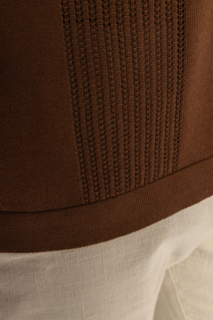 Brown Knitted Open-Collar Polo | Textured Cotton Knit