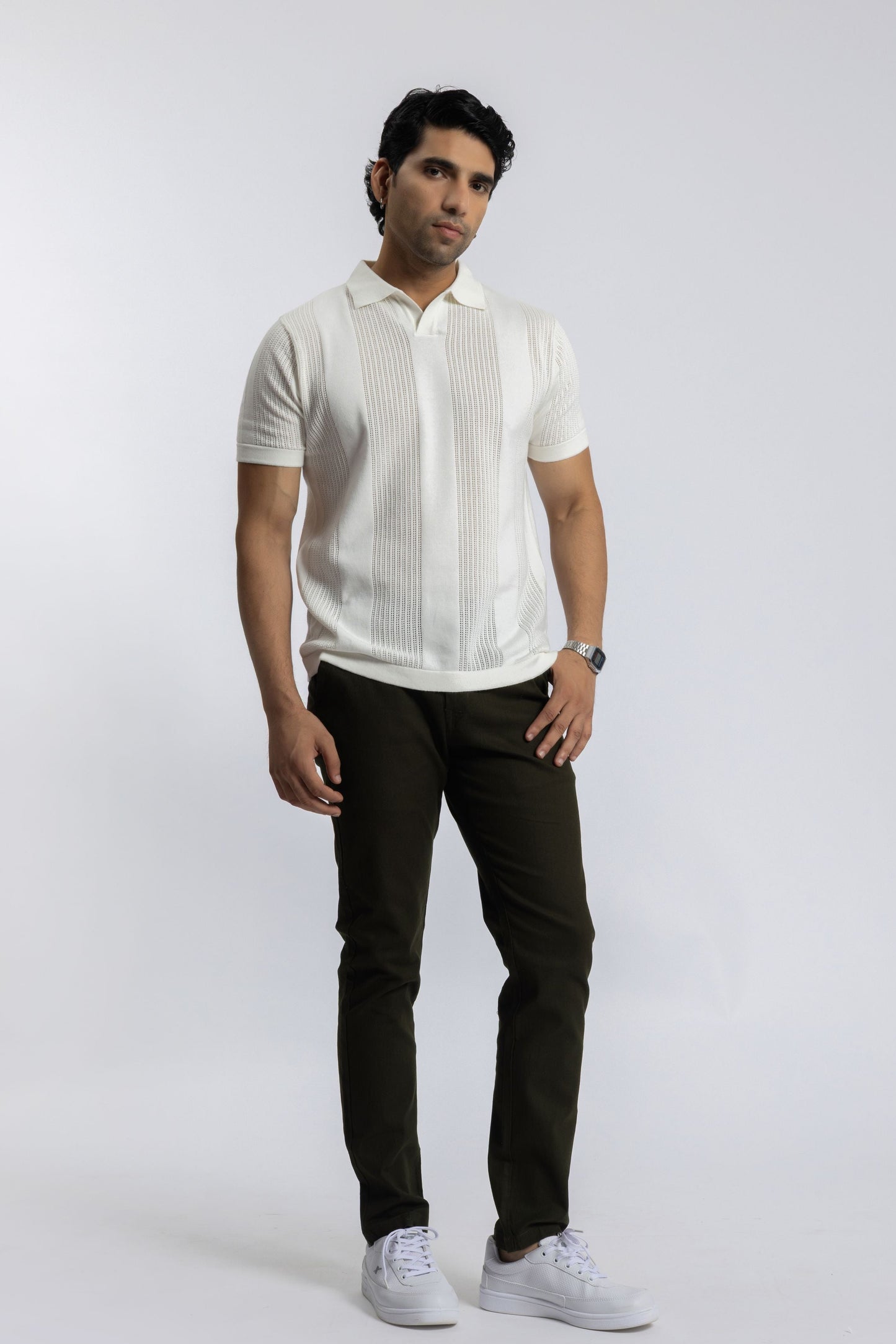 White Knitted Open-Collar Polo | Textured Cotton Knit