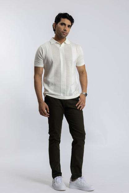 White Knitted Open-Collar Polo | Textured Cotton Knit