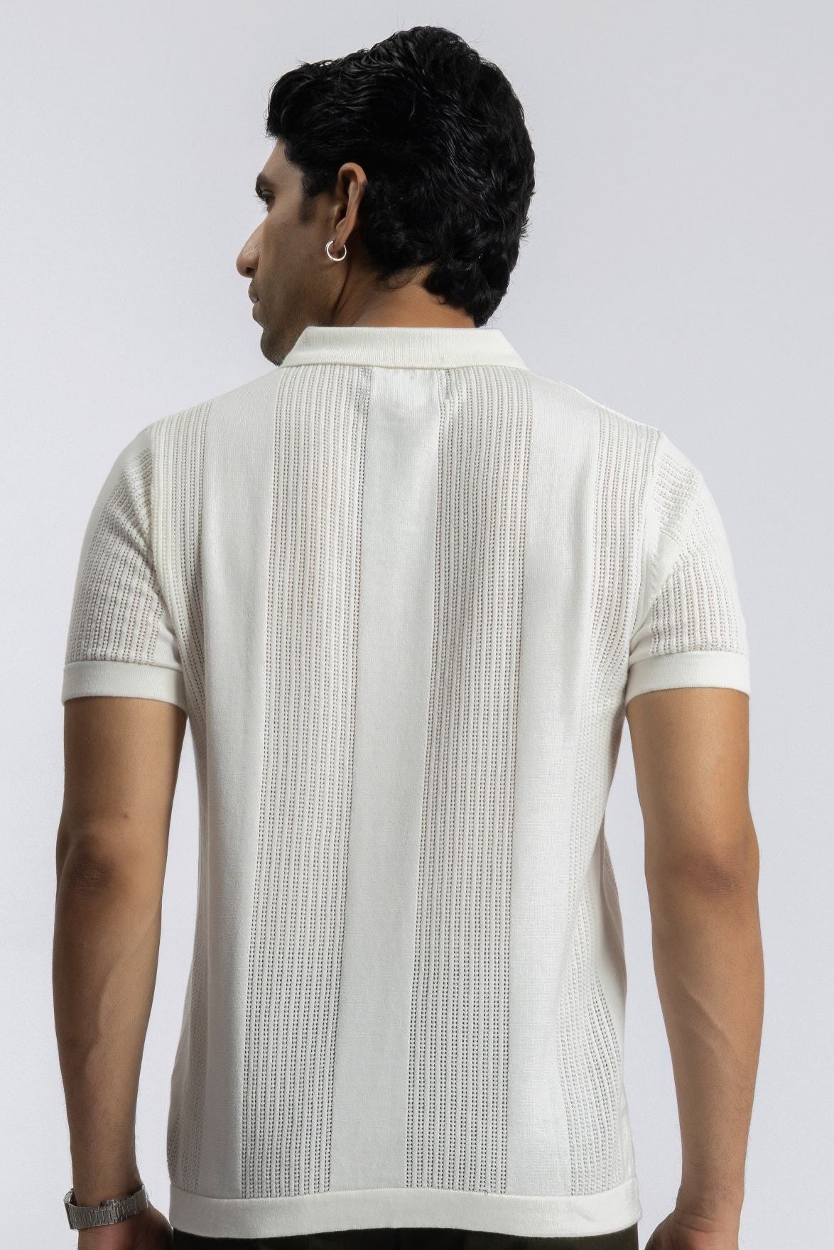White Knitted Open-Collar Polo | Textured Cotton Knit