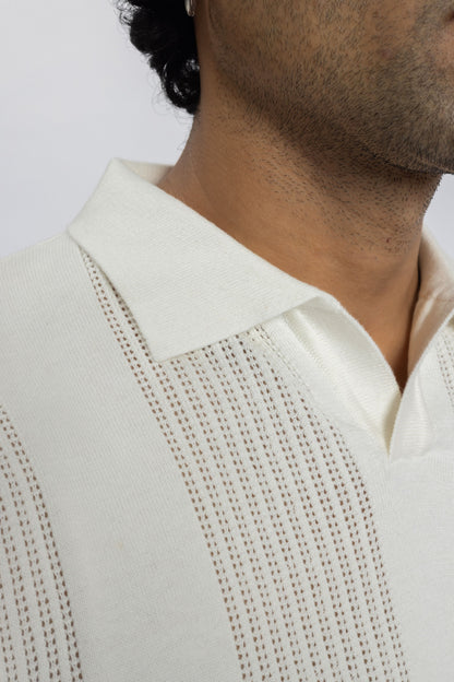 White Knitted Open-Collar Polo | Textured Cotton Knit