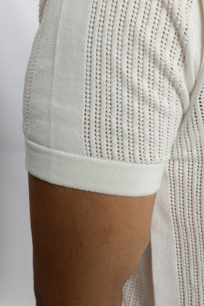 White Knitted Open-Collar Polo | Textured Cotton Knit