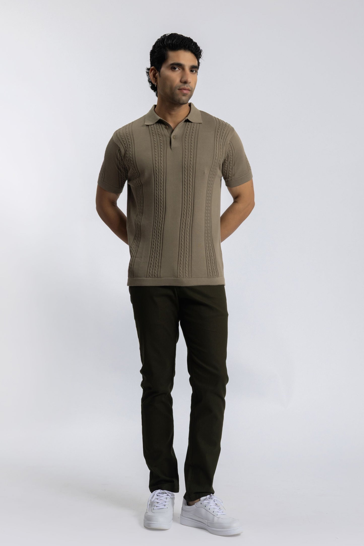 Soft Sepia Cable Knit Polo T-shirt for Men | 100% Cotton