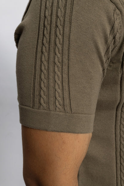 Soft Sepia Cable Knit Polo T-shirt for Men | 100% Cotton