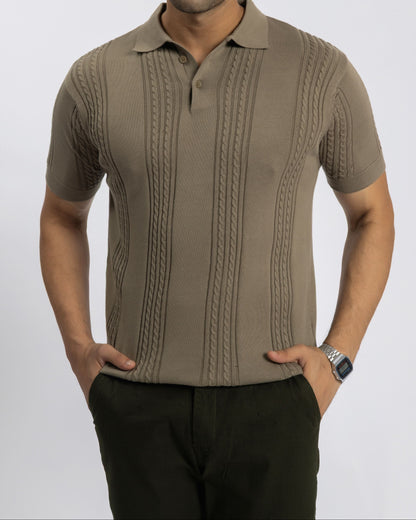 Soft Sepia Cable Knit Polo T-shirt for Men | 100% Cotton