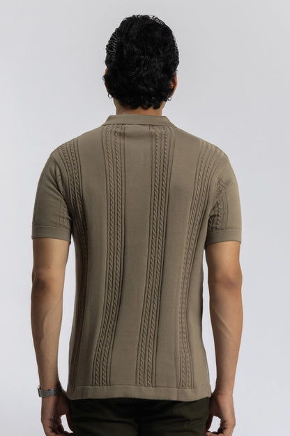 Soft Sepia Cable Knit Polo T-shirt for Men | 100% Cotton