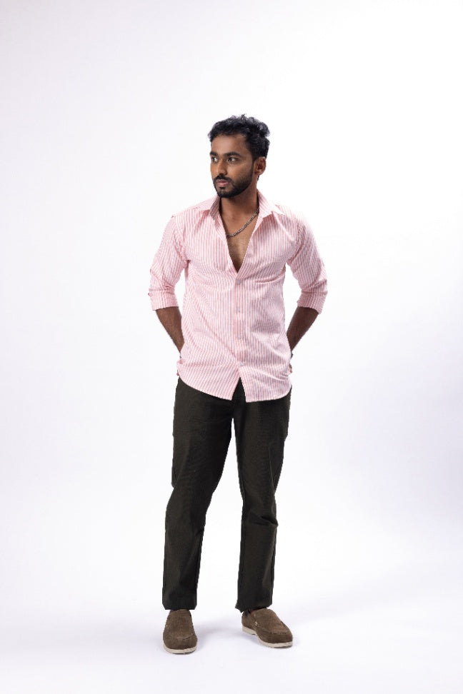 Pink Striped Oxford Cotton Shirt & Olive Linen Pant Regular Fit Combo