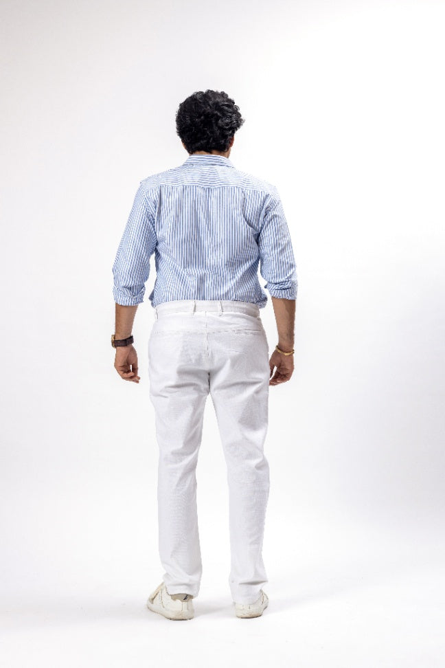 Blue Striped Oxford Cotton Shirt & White Linen Pant Regular Fit Combo