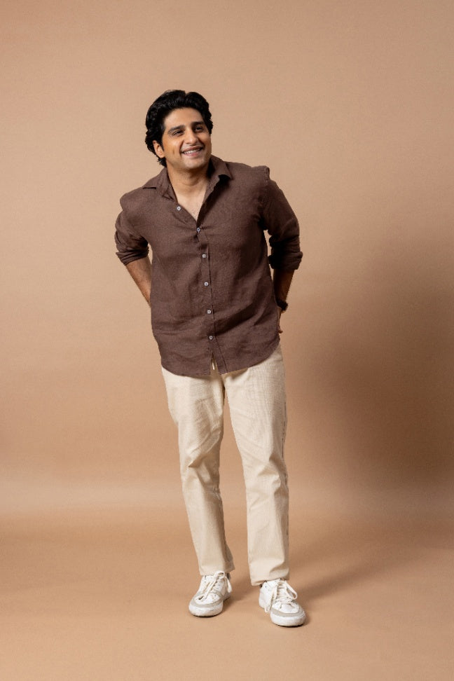 Wood Brown European 60 Lea Linen Shirt & Beige Linen Pant Regular Fit Combo