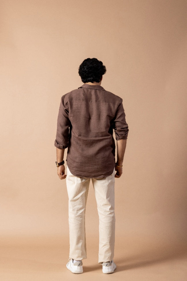 Wood Brown European 60 Lea Linen Shirt & Beige Linen Pant Regular Fit Combo