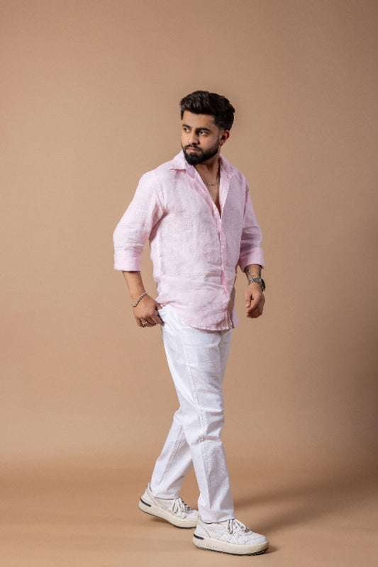 Pearl Pink European 60 Lea Linen Shirt & White Linen Pant Regular Fit Combo