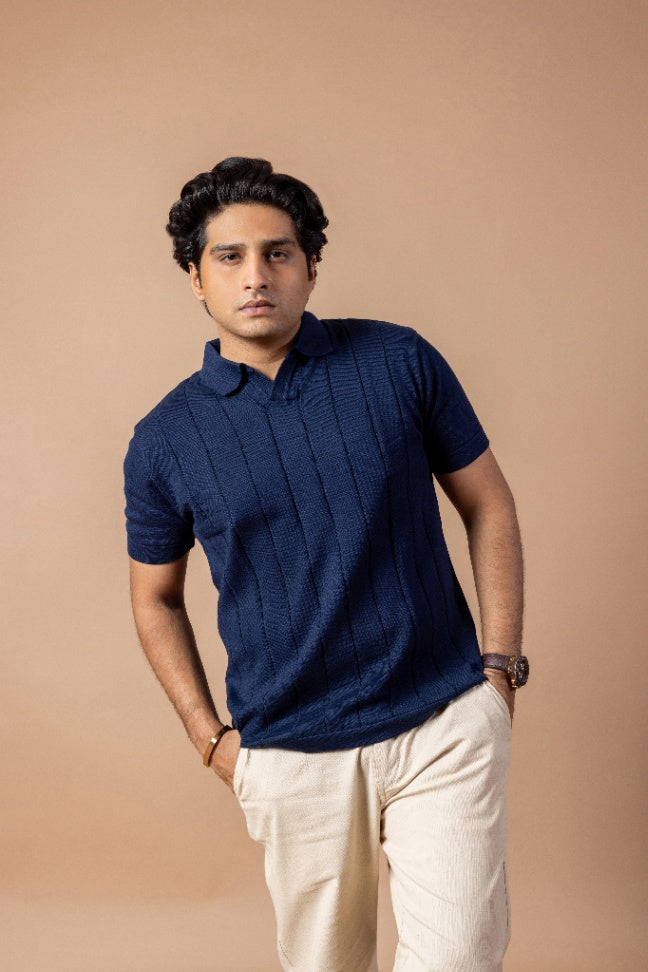 Navy Blue Rib Knit Polo T-Shirt & Beige Linen Pant Regular Fit Combo