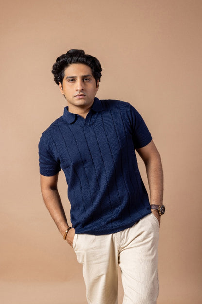 Navy Blue Rib Knit Polo T-Shirt & Beige Linen Pant Regular Fit Combo