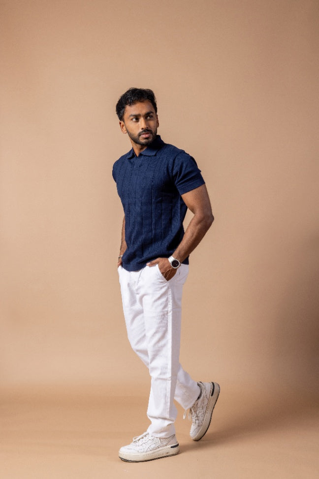 Navy Blue Rib Knit Polo T-Shirt & White Linen Pant Regular Fit Combo