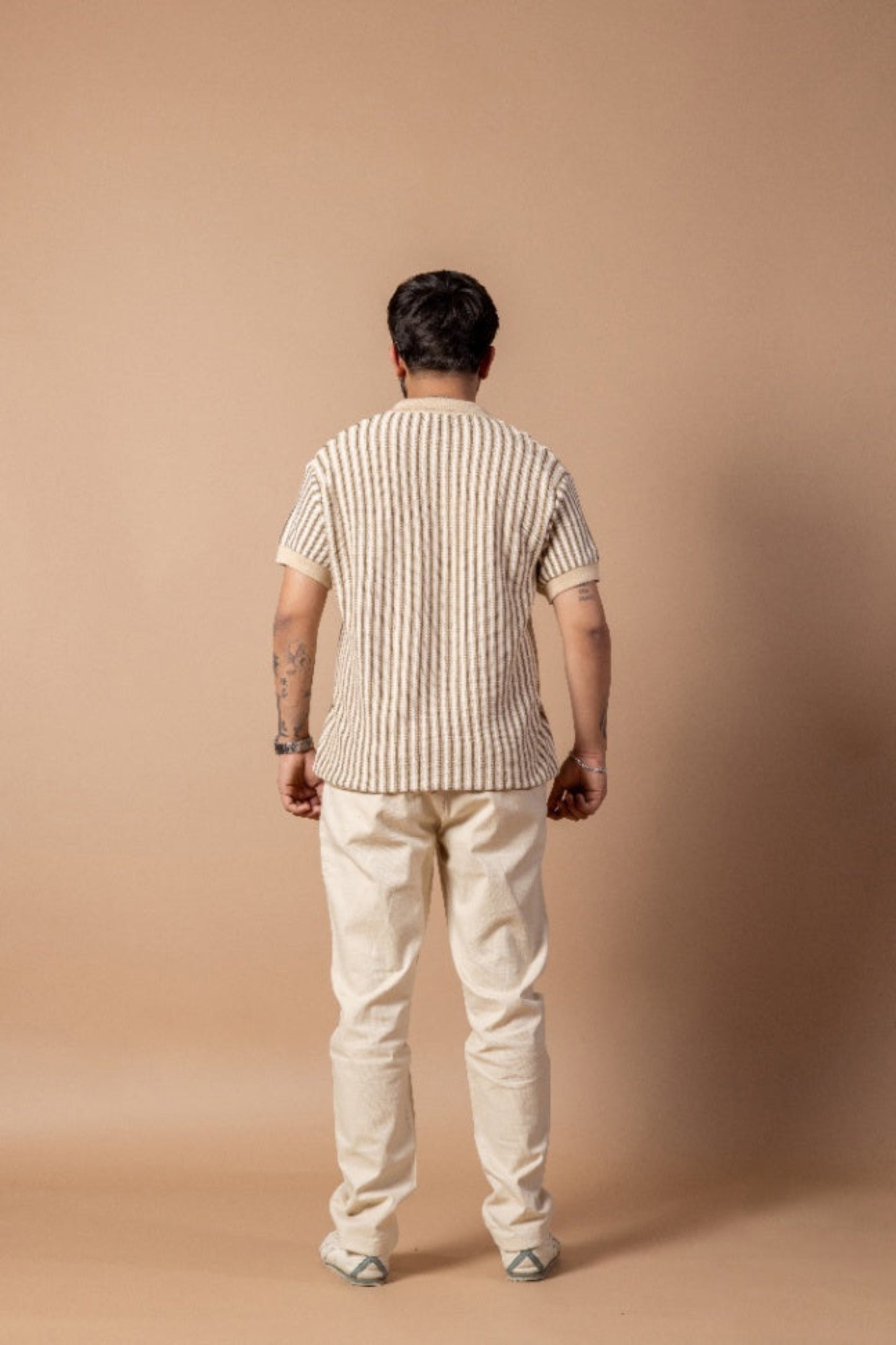 Sandstone Jacquard Knit Polo T-Shirt & Beige Linen Pant Regular Fit Combo